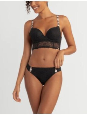 Jessica Simpson Embroidery Longline Black Lace Push-Up Bra
